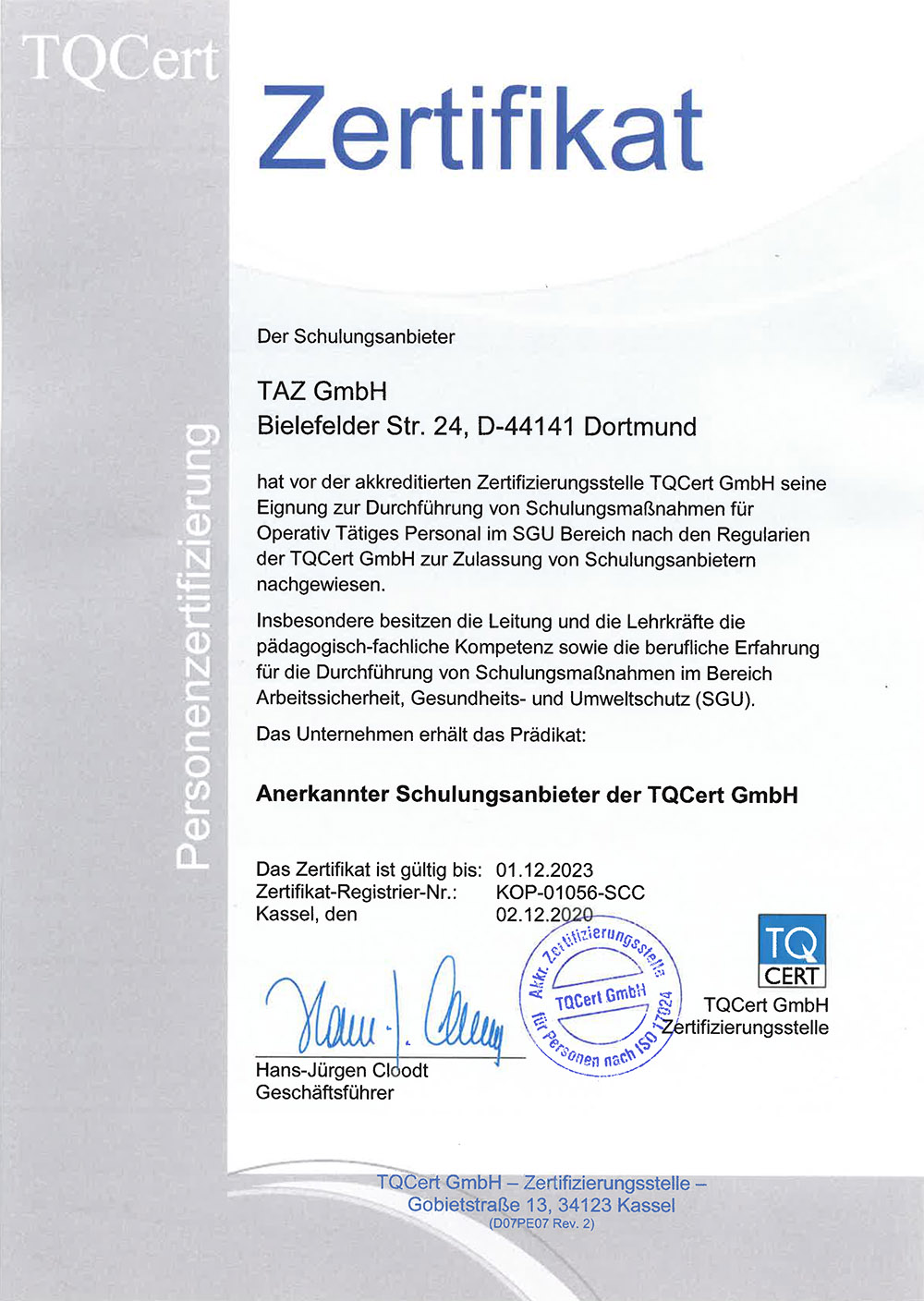 TQCert Zertifikat